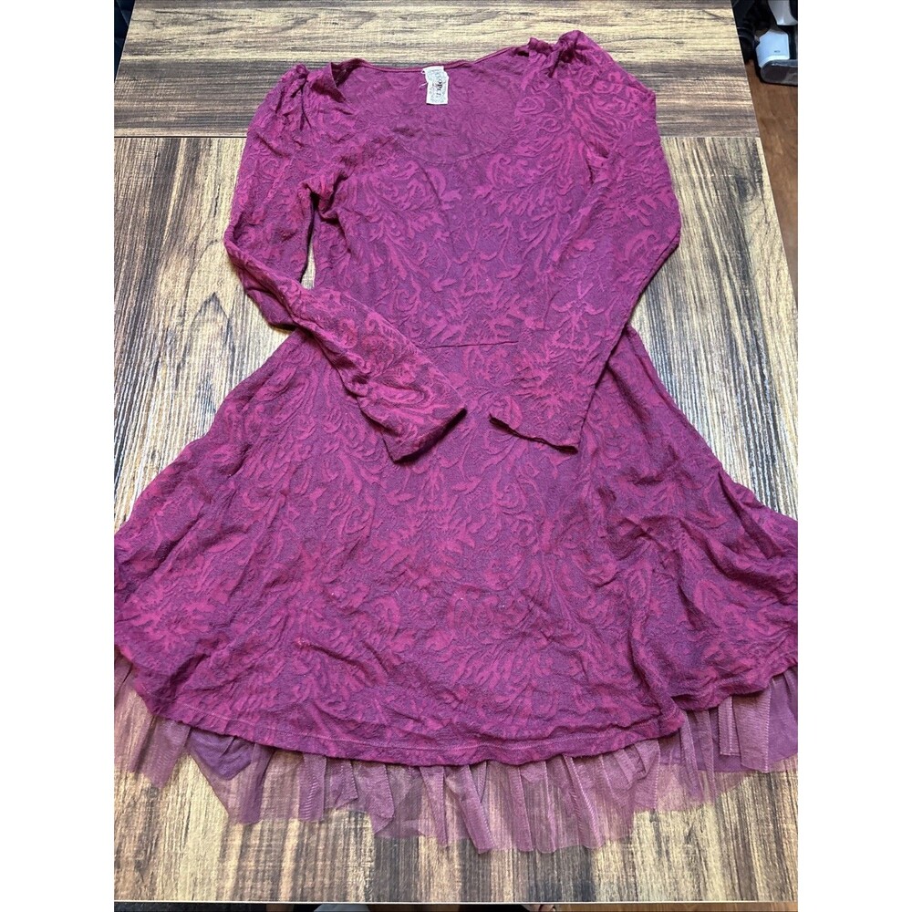 Free People Wine Lace Linen Blend Dress Lined Tulle Hem Women Size M